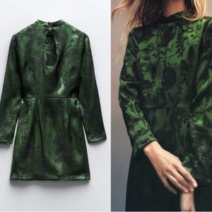 Zara Black and Green Mandarin Collar Mini Dress